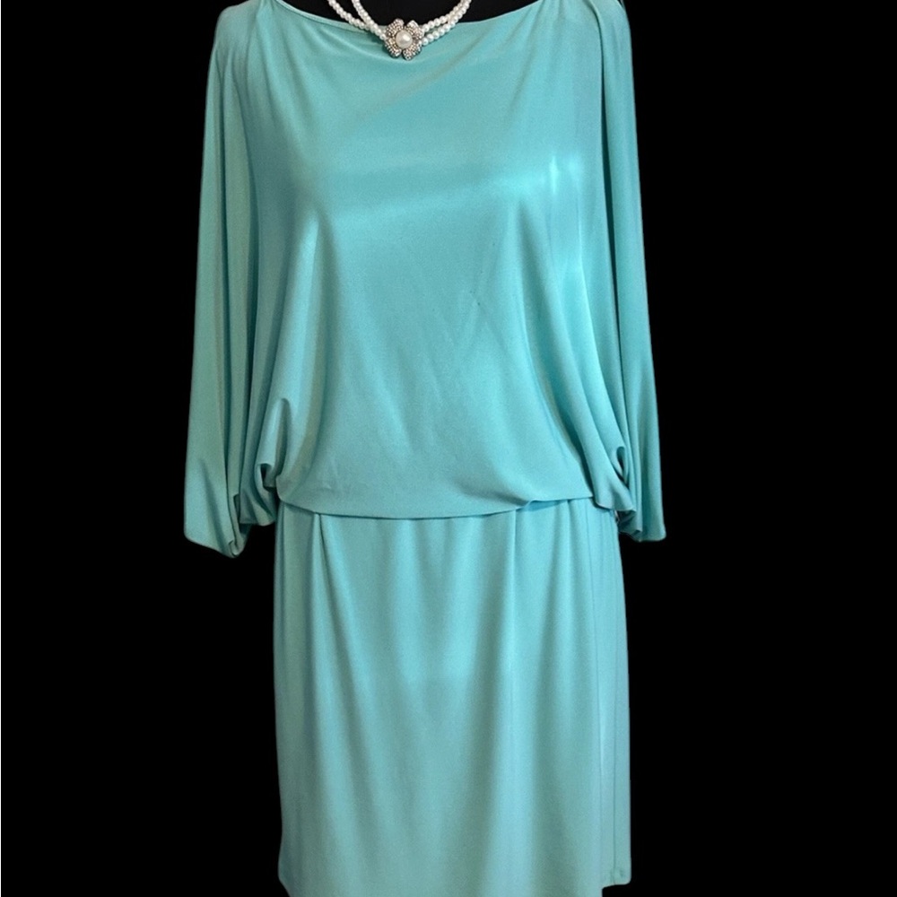 Jessica Simpson Aqua Blue Draped Long Sleeve Blouson Dress